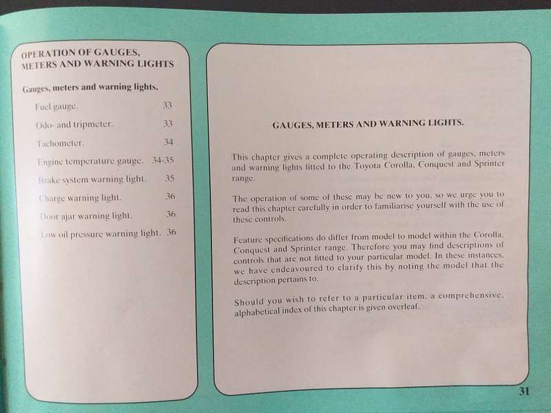 Toyota 130 Corolla Conquest Sprinter Owners Manual