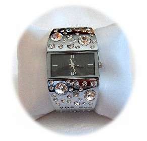 Last One Ladies Diva Stainless Steel Bangle Quartz Watch - Black Face Adorned with Austrian Crystals