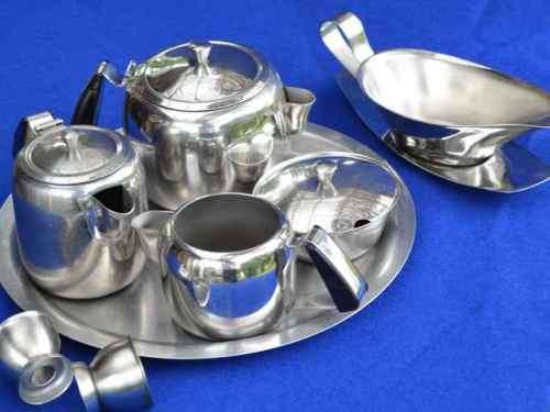 Stainless Steel Tea Set on Tray, with Gravy Boat on Stand and Two Egg Cups - Eight Pieces