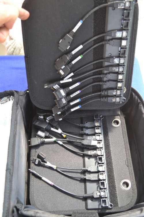 Cellbrite bag with plenty adapters and stuff