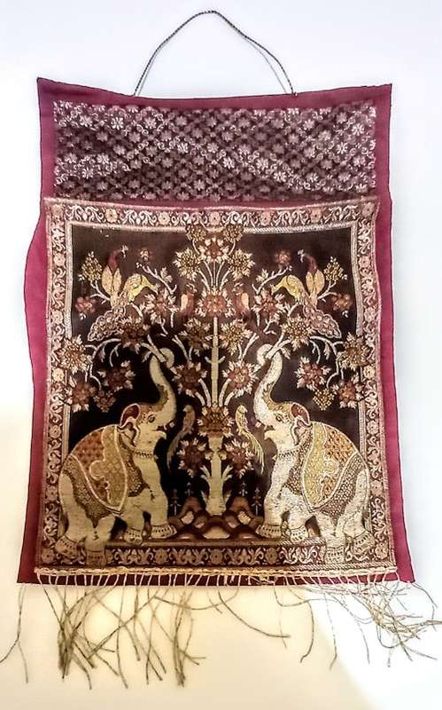RED BROCADE SILK MAGAZINE AND PAPER HOLDER WITH ONE POCKET.  36cm x 26cm