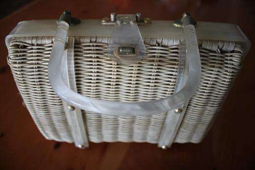 Vintage White Basket Handbag 1950's Lucite Accents by Stylecraft Miami