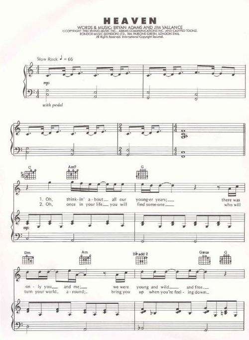 Bryan Adams - Heaven (Piano Sheet Music)