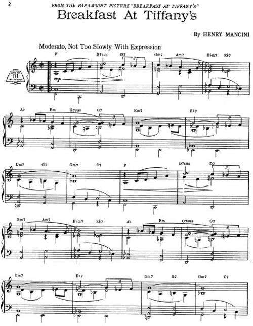 Henry Mancini - Breakfast At Tiffany's (Piano Sheet Music) *Free Shipping*