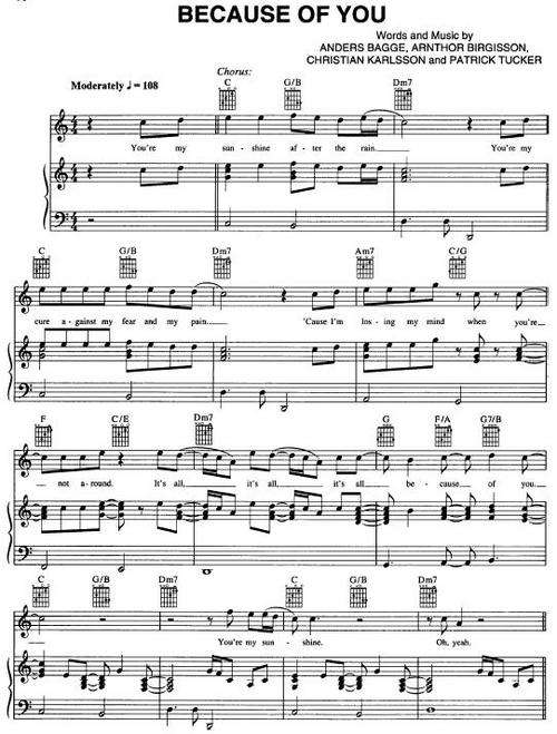 Kelly Clarkson - Because Of You (Piano Sheet Music) *Free Shipping*