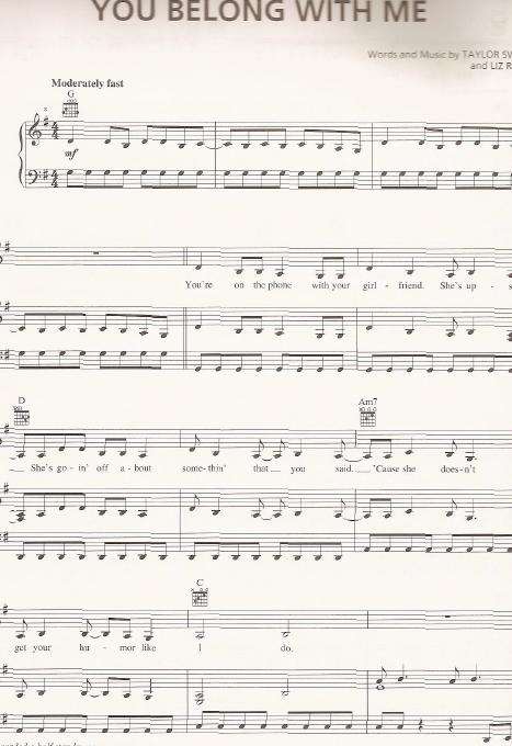 Taylor Swift - You Belong With Me (Piano Sheet Music) *Free Shipping*