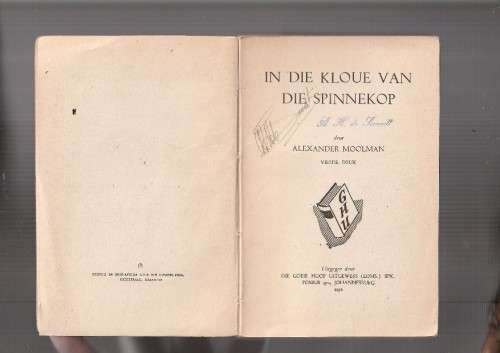 In die Kloue van die Spinnekop - Alexander Moolman - 1950 - Goeie Hoop sagteband speurverhaal