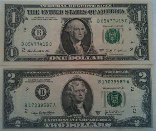 USA 1 Dollar and 2 Dollar UNC Notes!!! B-Series NEW YORK RESERVE BANK!!!!