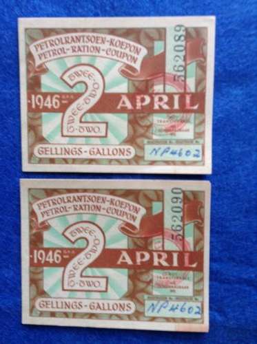 PETROL RATION COUPONS 1946 x 2
