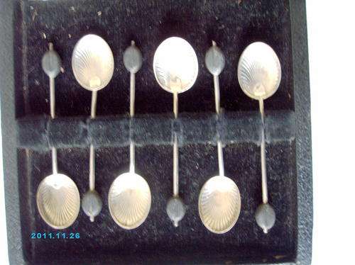 BOXED SET 6 H/M SILVER ART DECO COFFEE BEAN SPOONS