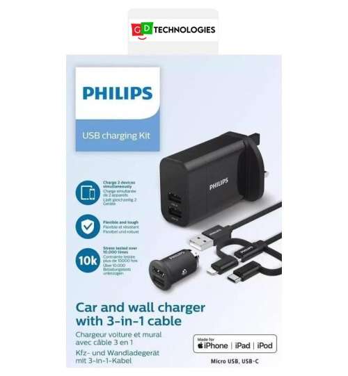 PHILIPS USB CAR AND WALL CHARGERS WITH 3IN1 CHARGER