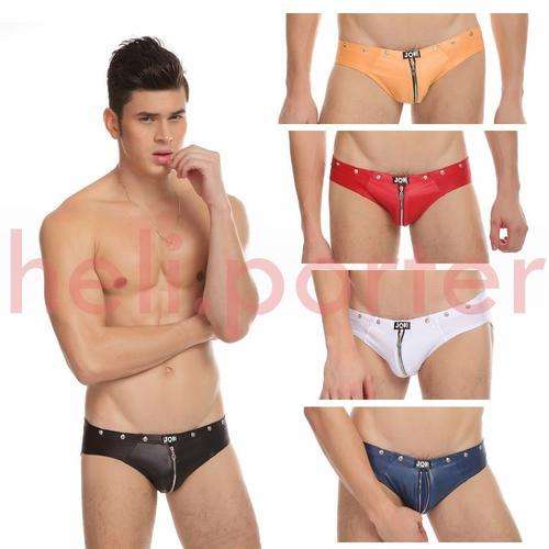 JQK Sexy Soft Mens Imitation Leather Underwear With Zipper RED