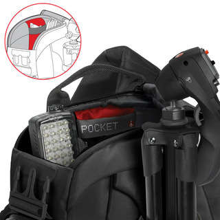 Space for personal accessories such as book, sunglasses,etc. fit in the upper compartment. Special pocket for Manfrotto Pocket tripods