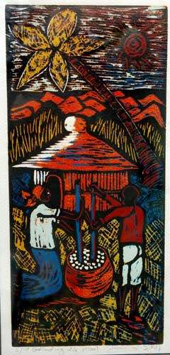 GRINDING THE MEAL by Isaac Sithole   (Woodcut)