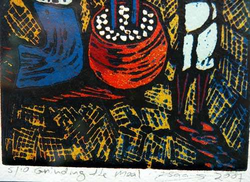 GRINDING THE MEAL by Isaac Sithole   (Woodcut)