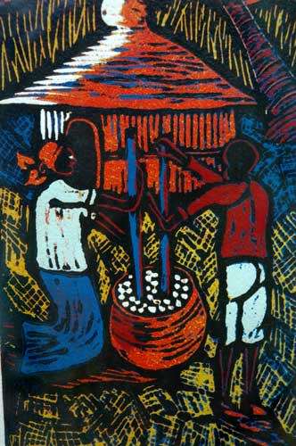 GRINDING THE MEAL by Isaac Sithole   (Woodcut)