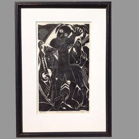 EZEKIEL MADIBA (b. 1948-S.A. Artist). Woodblock print. Artist's Proof no. 3. 1974.