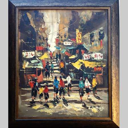 T CHAN (Chinese Artist). HONG KONG STREET SCENE. Orig oil painting. Framed. 56 x 70 cm.