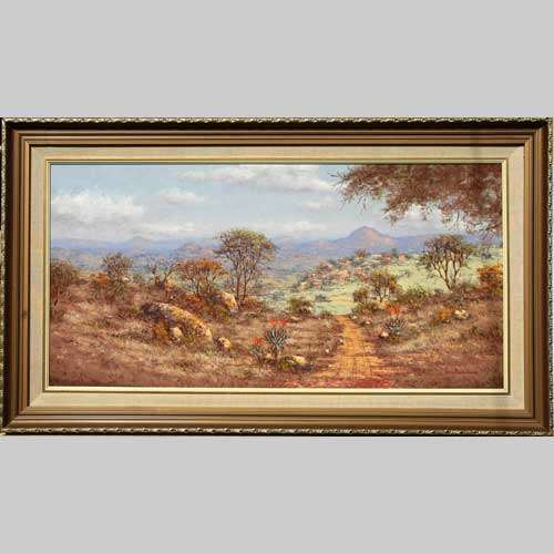 Henry Bredenkamp (b 1935). S A  Artist. BUSHVELD SCENE WITH A TRACK AND ALOES. Oil. (1970s). LARGE!