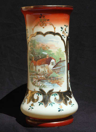VICTORIAN  HAND PAINTED BOHEMIAN GLASS VASE. c 1880. Cream glass. Large (31 cm tall). Lovely!