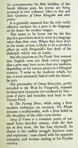 NEW QUATRAINS OF OMAR KHAYYAM AND OTHER POEMS -- I.D. du Plessis