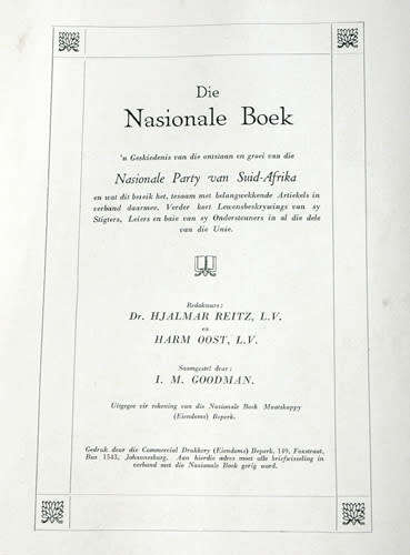 Die Nasionale Boek -- Harm Oost, Dr Hjalmar Reitz (Signed)