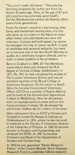 From the Horse's Mouth -The Story of South Africa's Veteran Vet -- S.W.J. van Rensburg (Signed)
