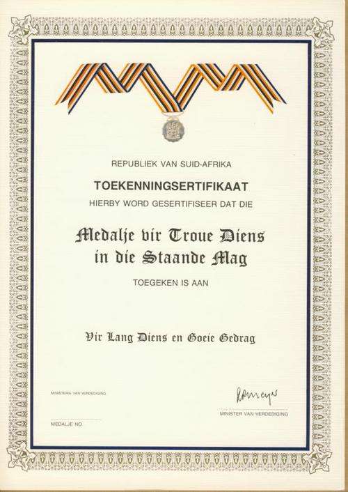 (A56) AWARD CERTIFICATE:- SA Permanent Force Good Service Medal - Silver - Printed in Afrikaans