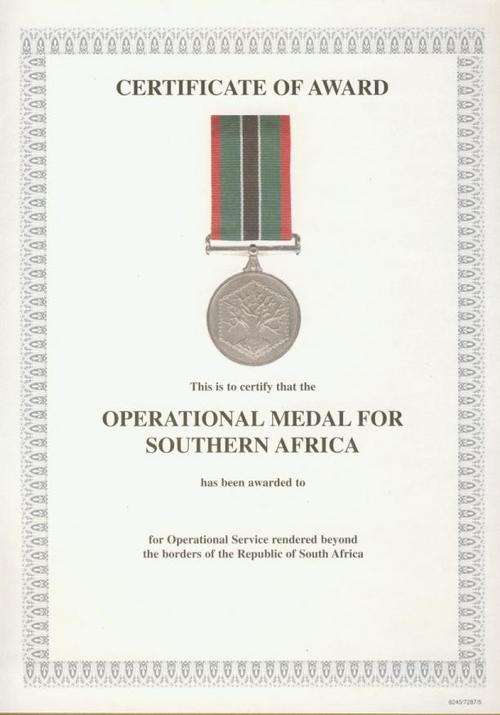 (A17) AWARD CERTIFICATE:- SA External Operations Service Medal