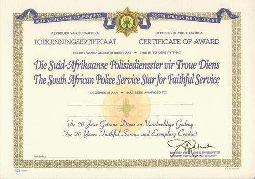 (0063) CERTIFICATE OF AWARD:  20 Years Faithful Service- Signature Position Different - ORIGINAL!!