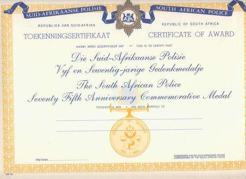 (0102) AWARD CERTIFICATE - 75th Anniversary Commemorative Medal - Unsigned - ORIGINAL!!
