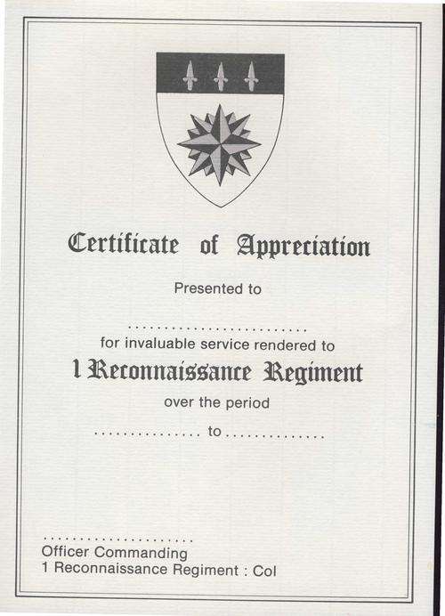 *F0992 - CERTIFICATE OF APPRECIATION - SA 1 Recce Regiment (Unsigned) - OBSOLETE - ORIGINAL!!!