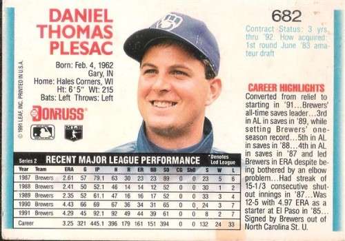 Donruss 1992 - Dan Plesac - Brewers Pitcher