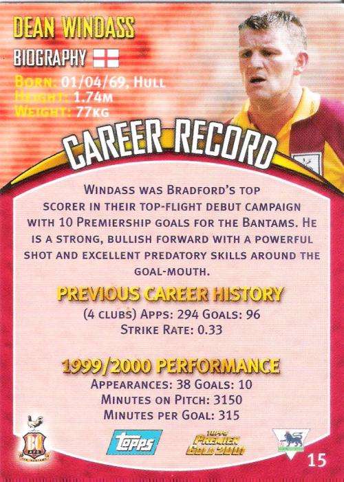 Soccer - Topps Premier Gold 2001 #15 Dean Windass - Bradford City Trading Card [Loose]