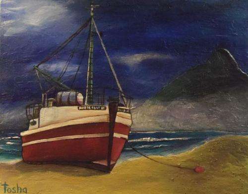 TOSHA - ACRYLIC -- STRANDED ON NOORDHOEK BEACH -- Ready to hang -- Large 50cm x 40cm x 2cm