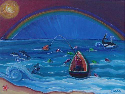 TOSHA (Original) -- Oceans of Fun -- 40cm(W) X 30cm(H) -- Ready to hang and enjoy.