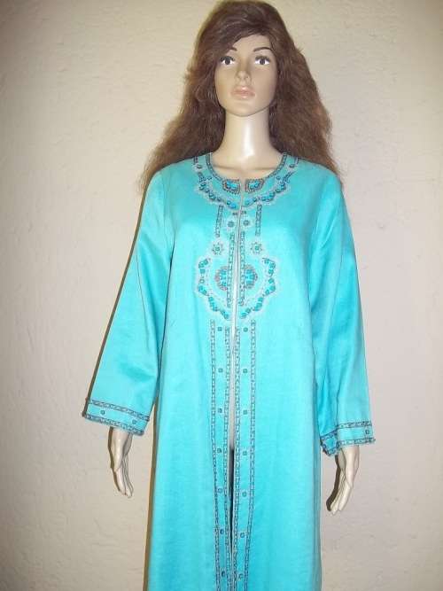 MAGNIFICENT TURQUOISE BEADED BAROQUE LINEN TUNIC FROM QUEENSPARK - SIZE 38
