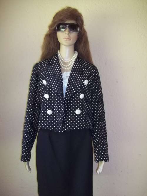 STUNNING BLACK POLKA DOT FULLY LINED CROPPED JACKET FROM GENEVIEVE WHALLEY  - SIZE 36