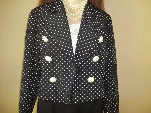 STUNNING BLACK POLKA DOT FULLY LINED CROPPED JACKET FROM GENEVIEVE WHALLEY  - SIZE 36