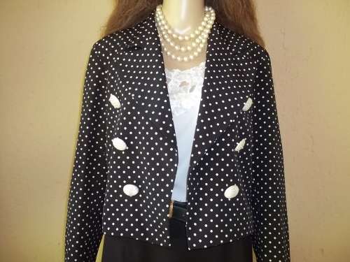 STUNNING BLACK POLKA DOT FULLY LINED CROPPED JACKET FROM GENEVIEVE WHALLEY  - SIZE 36