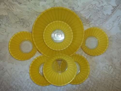 YELLOW VINTAGE DESERT BOWLS  - ONE LARGE AND SIX SMALL