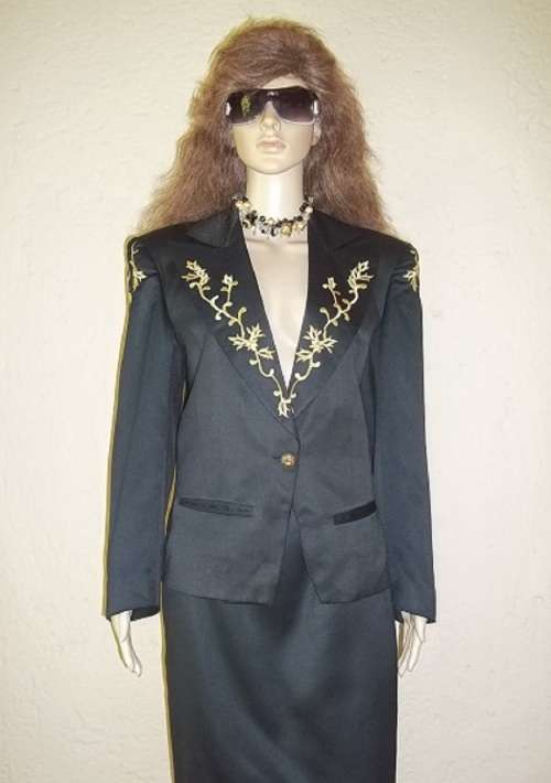 PRET A PORTER BY THE BOYS  - UNIQUE BLACK VINTAGE DESIGNER SUIT WITH GOLD EMBROIDERY - SIZE 34 / 32