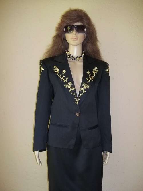 PRET A PORTER BY THE BOYS  - UNIQUE BLACK VINTAGE DESIGNER SUIT WITH GOLD EMBROIDERY - SIZE 34 / 32