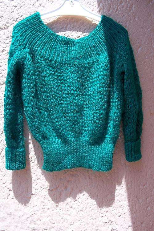 Emerald Green Off Shoulder Vintage Style Hand Knitted Sweater - Size 34