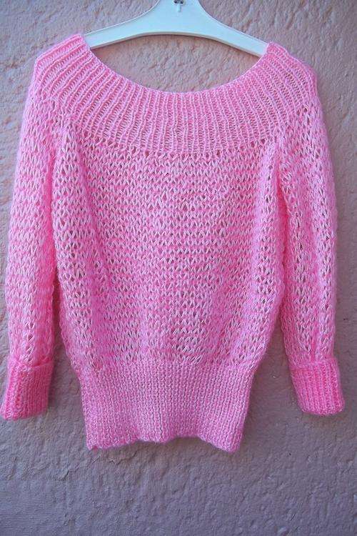 Bright Pink Off Shoulder Vintage Style Hand Knitted Sweater - Size 34
