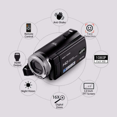 Ordro V12 Digital Video Camera - 1/4-Inch CMOS, 1080p Video, 20MP Pictures, 1000mAh, 16x Zoom, 3-Inch Display