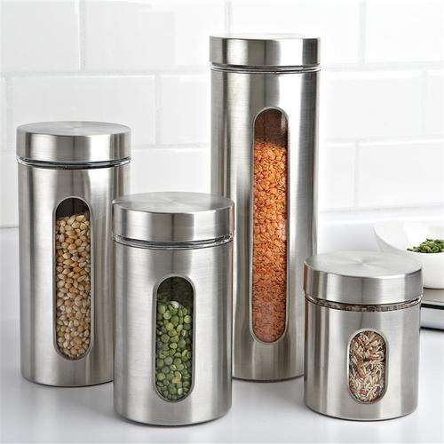 4 piece Stainless Steel and Glass Canister Set with Window Design
