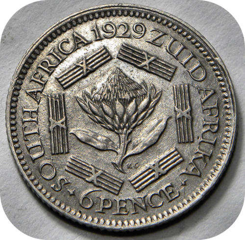 Top Grade SA Union:  Mint Error Coin. 1929 Sixpence 6d in A/UNC with double rim!