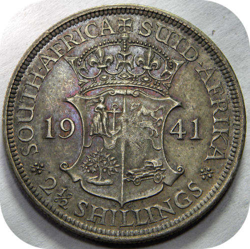 Top Grade SA Union:  Toned 1941 Halfcrown in A/UNC below R500!!