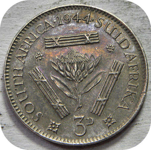 Top Grade SA Union: Rainbow tone 1944 Tickey 3d With Die Crack Error!